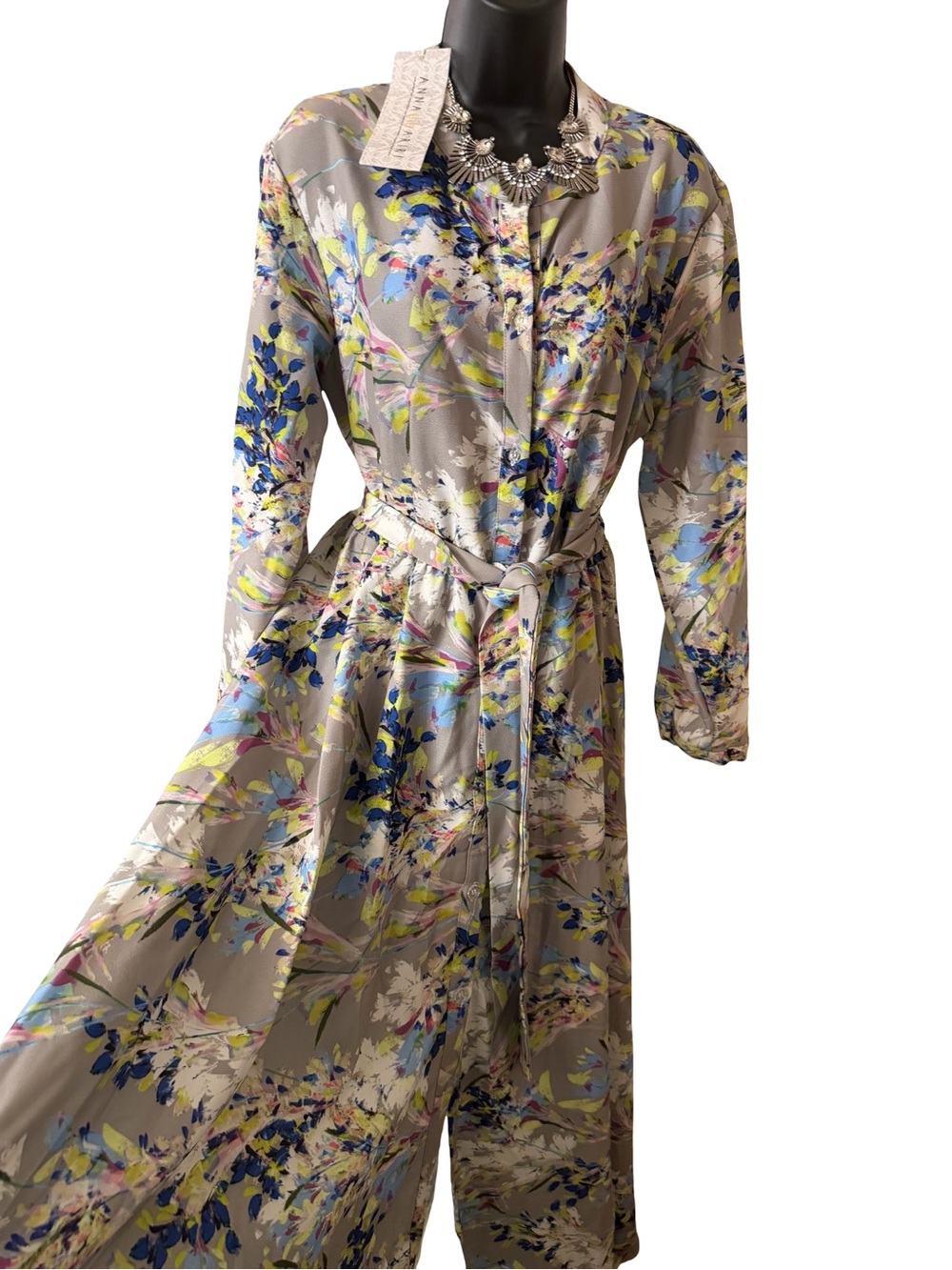 NWT Annahhariri Floral Long Sleeve Belted Maxi Dress in Gray - Picture 5 of 12